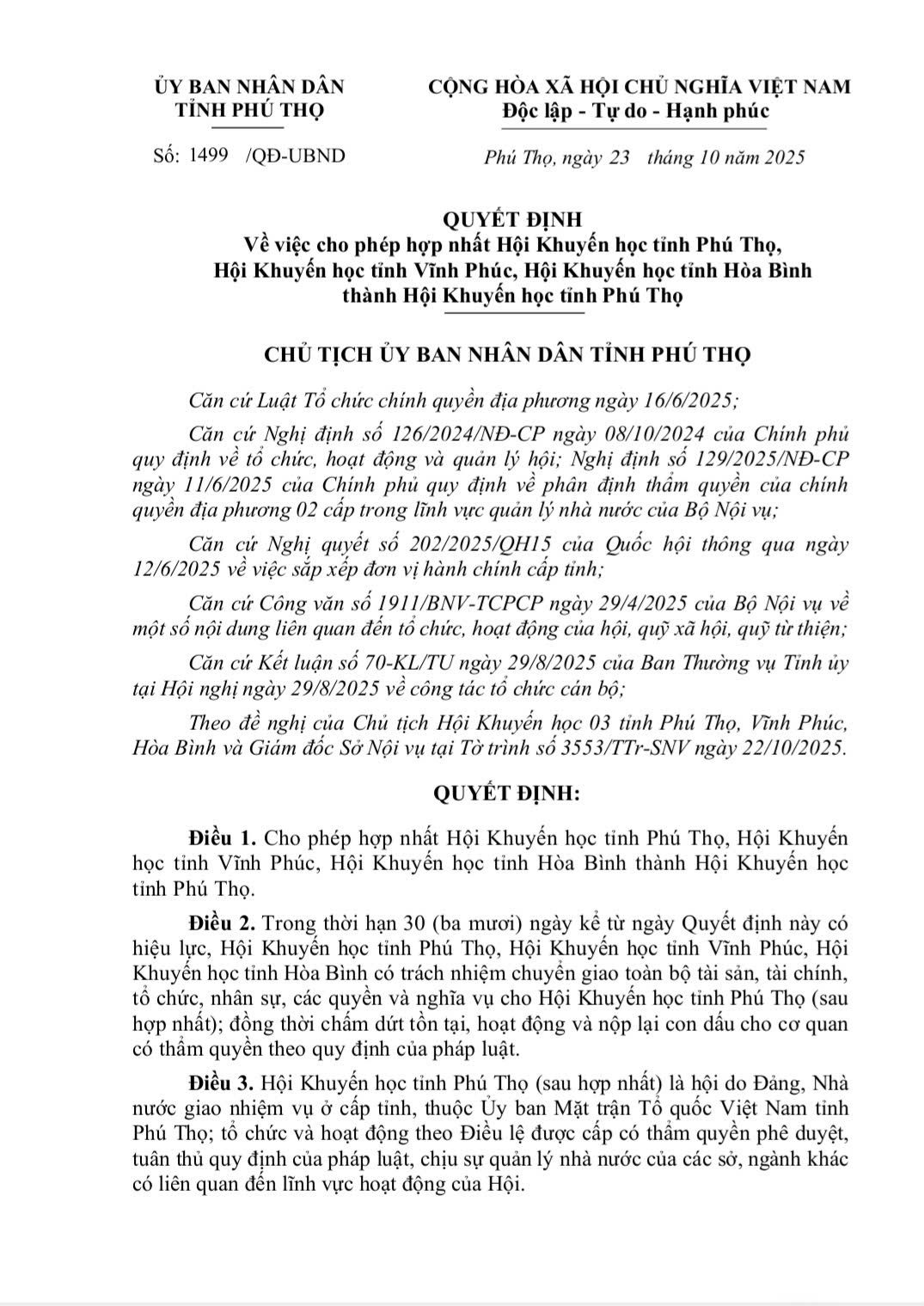 Báo Phú Thọ Chủ Nhật số Quyết định Vv cho phép hợp nhất Hội khuyến học tỉnh Phú Thọ, Hội khuyến học tỉnh Vĩnh Phúc, Hội khuyến học tỉnh Hòa Bình thành Hội khuyến học tỉnh Phú Thọ