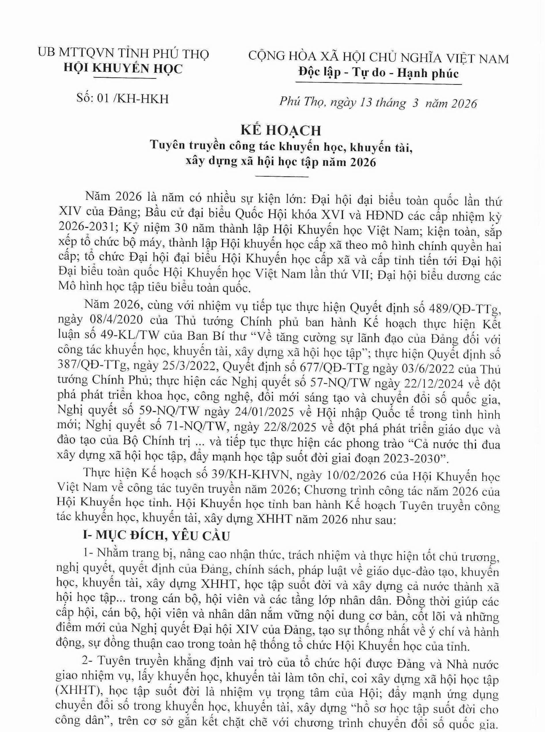Báo Phú Thọ số Kế hoạch tuyên truyền công tác khuyến học, khuyến tài, xây dựng xã hội học tập năm 2026