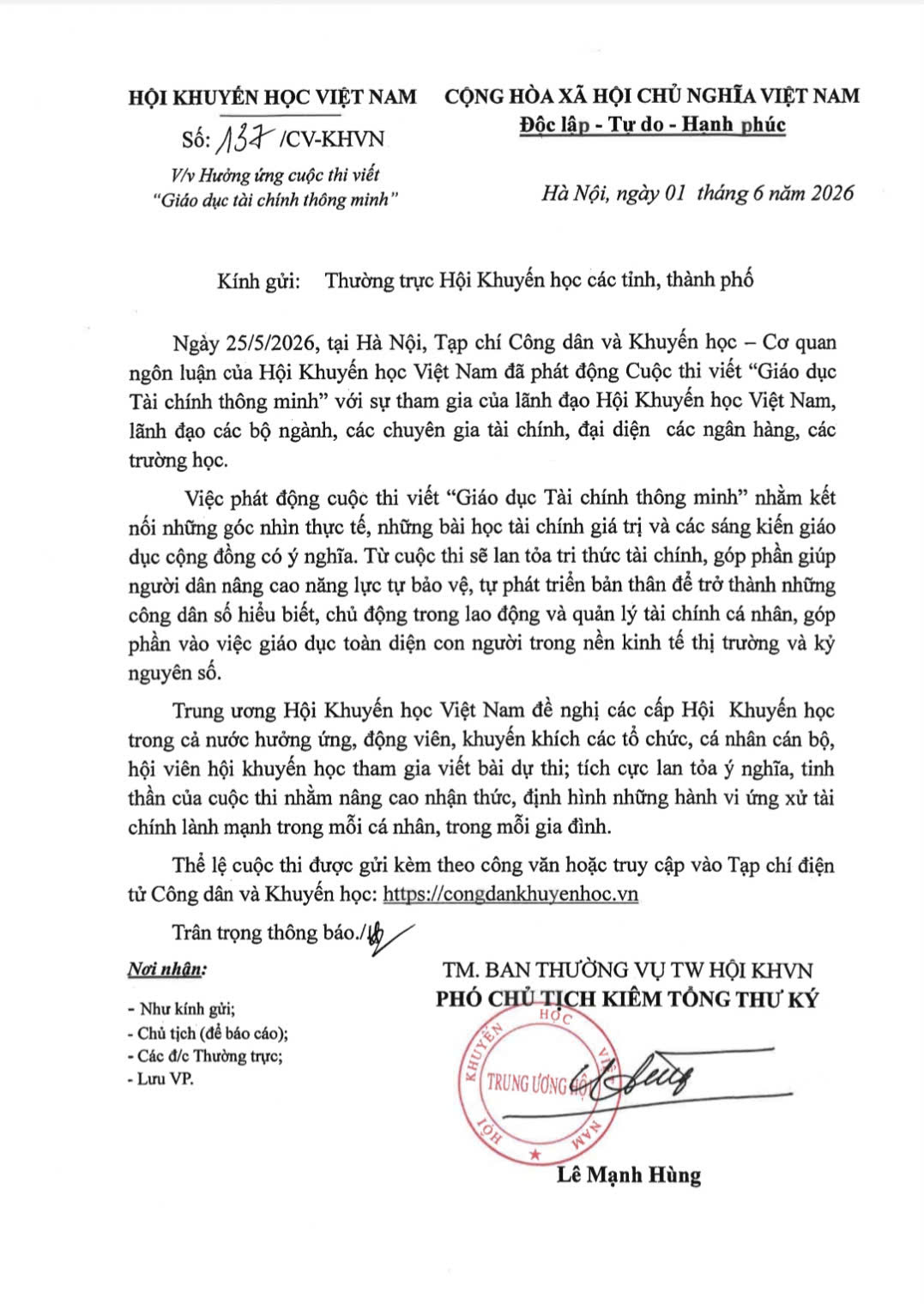 Báo Hòa Bình số Công văn hưởng ứng cuộc thi viết 